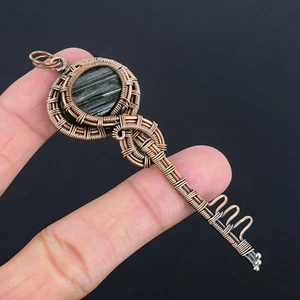 Black Tourmaline Gemstone Key Shape Copper Wire Wrapped Pendant Handmade Jewelry - Picture 1 of 5