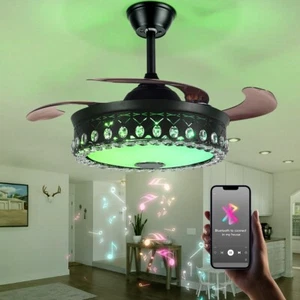42" Bluetooth Music Ceiling Fan Dimmable 7-Color LED Crystal Chandelier w/Remote - Picture 1 of 13