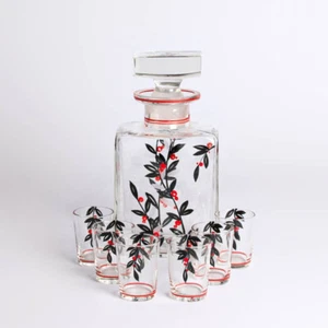 Art Deco Glas Karaffe & 6 Stamper Schwarzlot und rot Emaille ca. 1930-40 - Bild 1 von 6