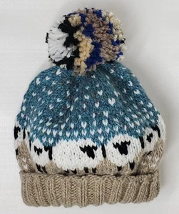 Adorable Hand-Knit Beanie Hat with Sheep and Pom Pom Tan & Heathered Teal Blue - Picture 1 of 5