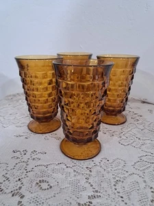 Vtg Indiana Glass Whitehall Amber Gold Footed Tumblers Set (4) Cubist 12oz MCM - Picture 1 of 6
