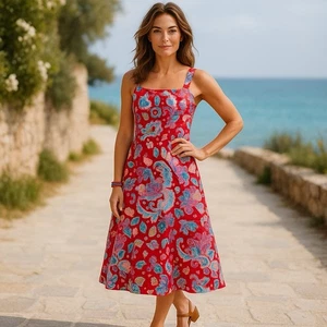 Talbots Red Fantastic Paisley Print Smocked Fit & Flare Midi Dress Sz 6 Petite - Picture 1 of 7
