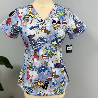 NWT Doggone Cute Scrub Top XS  Dogs Cats Blue Cotton Scrubs Animals Puppy Kitty - Image 1 of 4