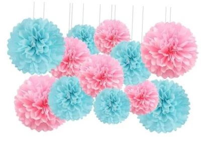 12 pompones de papel de seda colgantes Maka, pompones pastel revelan género rosa azul Foto 1 de 3