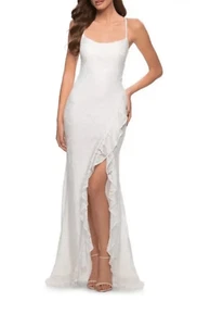 La Femme Floral Lace Maxi Dress Gown 0 White Floor Length High Slit Open Back - Picture 1 of 9
