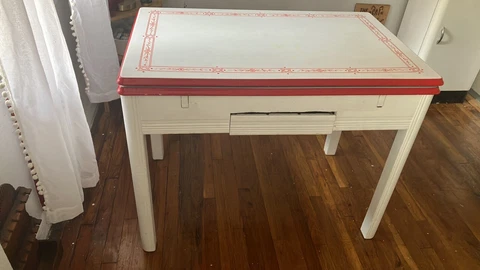 Vintage Porcelain Enamel Top Table with Slide Outs (White & Red) Cover