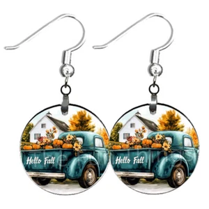 Hello Fall Earrings Country Farmhouse Vintage Truck Autumn Harvest NO TARNISH - Picture 1 of 8