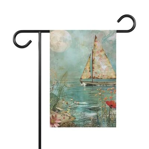 Beach Cottage Garden Flag 12x18 Double-Sided Sailboat Ocean Whimsical Coastal - Picture 1 of 9