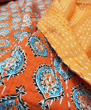 Indian hand Block Floral Kantha Quilt Blanket Cotton King Size Bedspread Throw