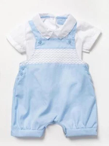 Baby Boys Smocked Dungarees Set with Shirt Blue White Rock a Bye 0-3-6-9 Months