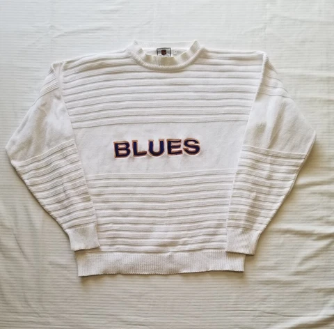 Vtg Nutmeg Mills NHL St Louis Blues Sweater Men's Large White Knit Embroidered Cover