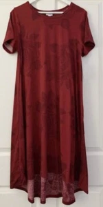 Lularoe Carly Size XXS Dark Red On Red Roses Floral Short Sleeve Hi-Low Dress - Picture 1 of 9