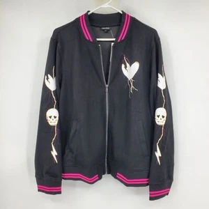 NWT Torrid Lovesick Black Pink Skull Broken Heart Lightning Bolt Bomber Jacket 4 - Picture 1 of 11