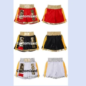 Pantalones Cortos de Boxeo Borlas Doradas Extremos de Piernas Bordado Muay Thai Tela Satinada Flexible - Imagen 1 de 5