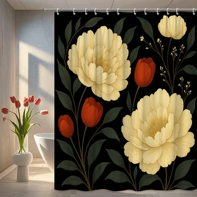 Cortina de Ducha Floral - Flores Amarillas y Rojas sobre Fondo Negro Foto 1 de 4
