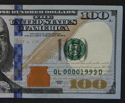 2021 $100 (ONE HUNDRED DOLLARS) - BIRTHDAY, ANNIVERSARY YEAR, 1993, LEADING 0000 - Image 1 of 3