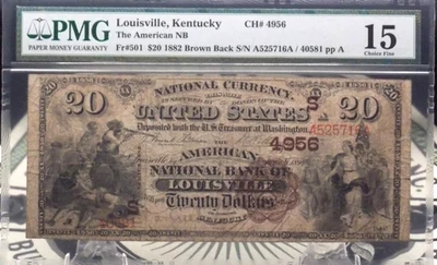 1882 $20 National Brown Back Bank Note *LOUISVILLE* KY Fr#501 PMG F15 CH#4956 - Image 1 of 4