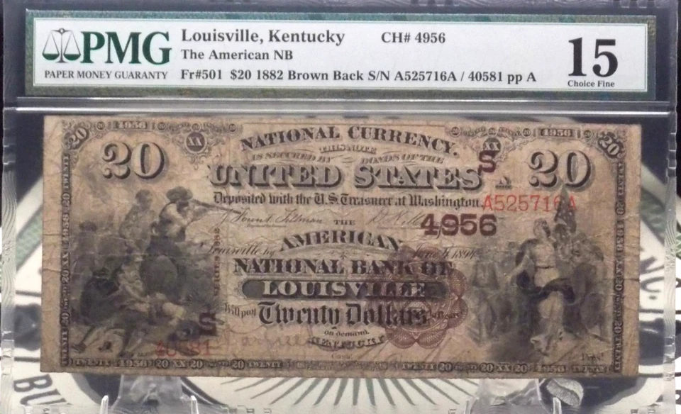 1882 $20 National Brown Back Bank Note *LOUISVILLE* KY Fr#501 PMG F15 CH#4956 - Image 1 of 4