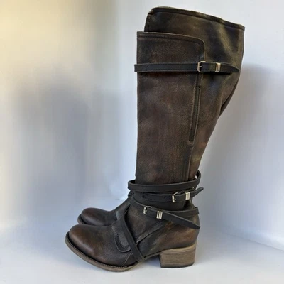 Steven GIA Freebird 女式尺码 US 8 中筒仿旧黑色皮革靴 — 第 1/4 张图片