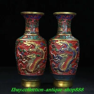 Chinese Dynasty Old Wood lacquerware Gilt Painting Dragon Bottle Vase Pair - Picture 1 of 9