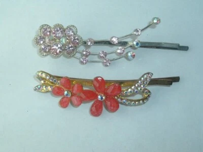 VINTAGE PINK & RED FLOWER BOBBY PIN BARRETTES UP DO HAIR ACCESSORY - Image 1 of 2