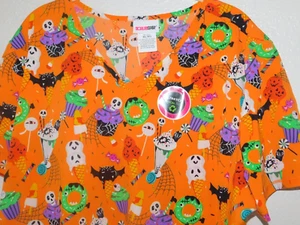Womens Large L Scrub Top Orange Halloween Treats - Picture 1 of 4