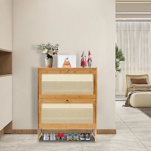 Natur Rattan Schuhschrank Aufbewahrung Organizer mit zwei Klappschubladen Schuhregal - Bild 1 von 19