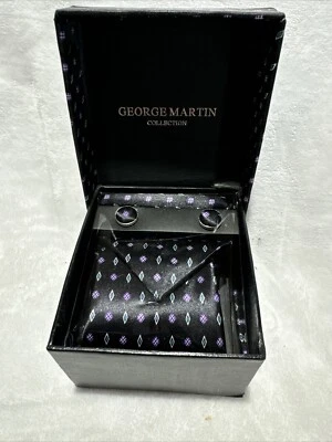 George Martin, Black W/ Purple, Pocket Square & Cuff links Set In Matching Box - Image 1 of 4