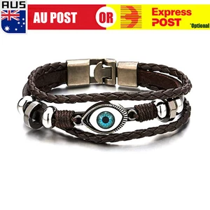 Unisex Evil Eye Greek Mati Turkish Nazar Weaved Leather Bracelet Cuff Jewelry - Picture 1 of 7