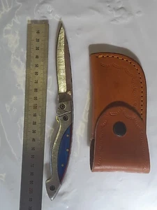 Hand Forged Damascus Folding Knife Pakkawood Handle Leather Sheath Gift - Picture 1 of 7