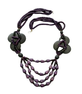 Collar Vintage de Madera Púrpura y Negro con Cuentas Múltiples Hebras *MASIVO* - Imagen 1 de 6