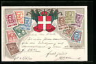 Lithographie Italien, Briefmarken und Wappen mit Flaggen und Krone 1934 
