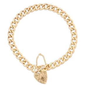 Gold Curb Charm Bracelet with Engraved Padlock, 9ct Gold - Picture 1 of 10