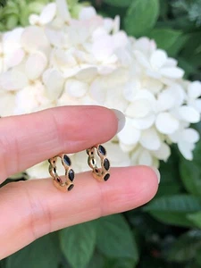 925 Sterling Silver Marquise Black Onyx Huggie Hoop Earrings Womens 12.8mm x2mm - Picture 1 of 8