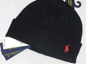 POLO RALPH LAUREN Men's Wool Cable Knit Pony Beanie Hat, Ski Watch Cap BLACK nwt