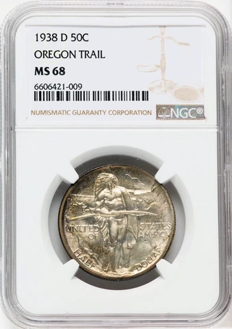 1938-D Oregon Trail Silver Commemorative Half Dollar NGC MS68 Frosty Rainbow Cover