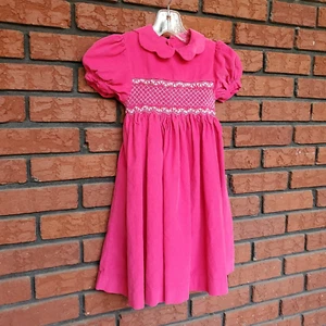 VTG Mom & Me Corduroy Dress Girls 5 Pink Cotton Smocked Flower Puff Sleeve Tie - Picture 1 of 16