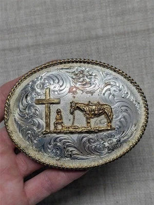 vintage MONTANA SILVERSMITHS belt buckle ENGRAVED silver pray WESTERN cowboy - Image 1 of 4