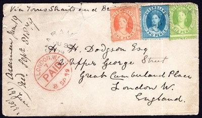 1979 QLD Queensland 1d 2d 6d,  9d Total QV Chalon LONDON PAID Postal Cover to GB - Image 1 of 4