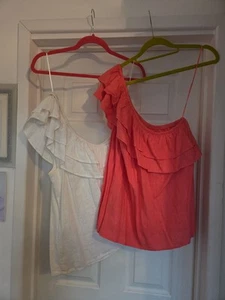 TWO NEXT LINEN BLEND TOPS ONE SHOULDER SIZE 16 WHITE & CORAL - Picture 1 of 7