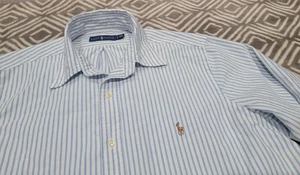 Ralph Lauren Button Down Hemd Herren L blau-weiß gestreift langarm Pony Logo - Bild 1 von 11