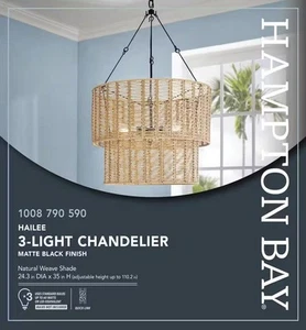 Hampton Bay Hailee 3-Light Basket Hanging Pendant Black Natural Weave Shade - Picture 1 of 5
