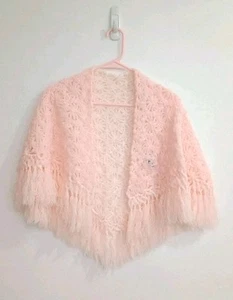 Vtg 50s Crochet Lace Shawl Romantic Pink Cream Triangle Scarf Fringe Reversible - Picture 1 of 21