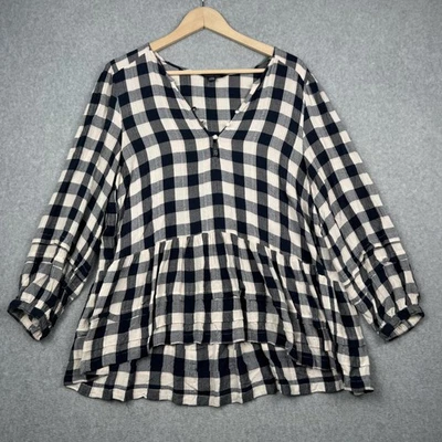 Camisa American Eagle para mujer grande negra blanca guinga peplum cuello en V manga larga Foto 1 de 4