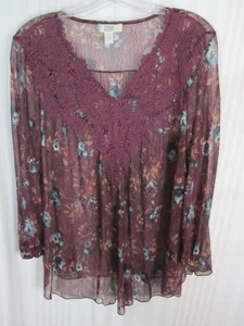 Vintage America Top Sz L Burgundy Lace Sheer Flora Boho Chic Long Sleeve Elastic - Picture 1 of 14