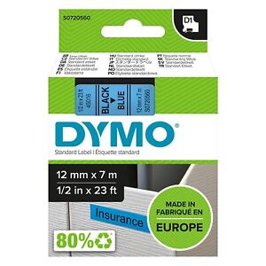 DYMO Authentic D1 Labels   Black Print on Blue Tape   12 mm x 7 m   Self-Adhesiv