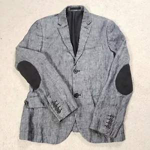 H&M Linen Blazer Mens 34R Gray Slim Fit Elbow Patches Suit Jacket Sport Coat - Picture 1 of 15