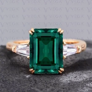 5.30Ct Emerald Shape Natural Emerald & Diamond Wedding Ring 18K Rose Gold Plated - Picture 1 of 21