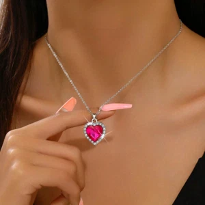Womens Necklace Heart Love Cubic Zirconia Pendant Silver Stainless Steel Jewelry - Picture 1 of 11