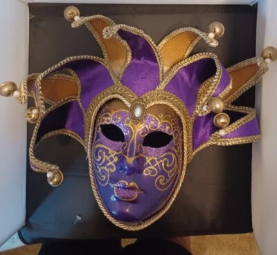 LEATHER COLORFUL MARDI GRAS MASK BELLS MADE IN ITALY BY VENEGIA  - Image 1 of 2